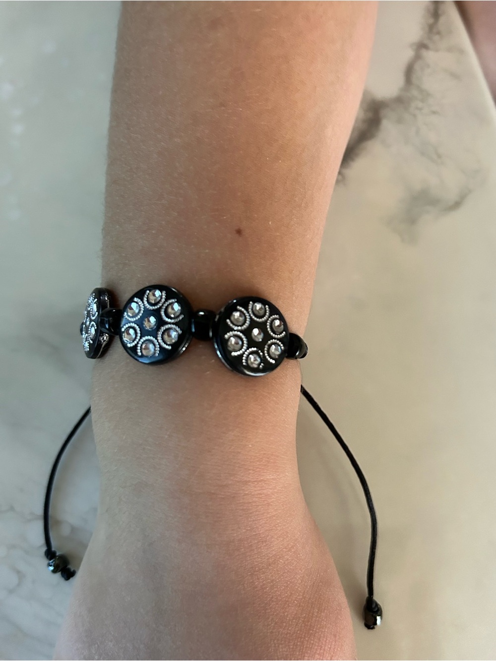 Black Beaded Adjustable Bracelet with Silver Accents